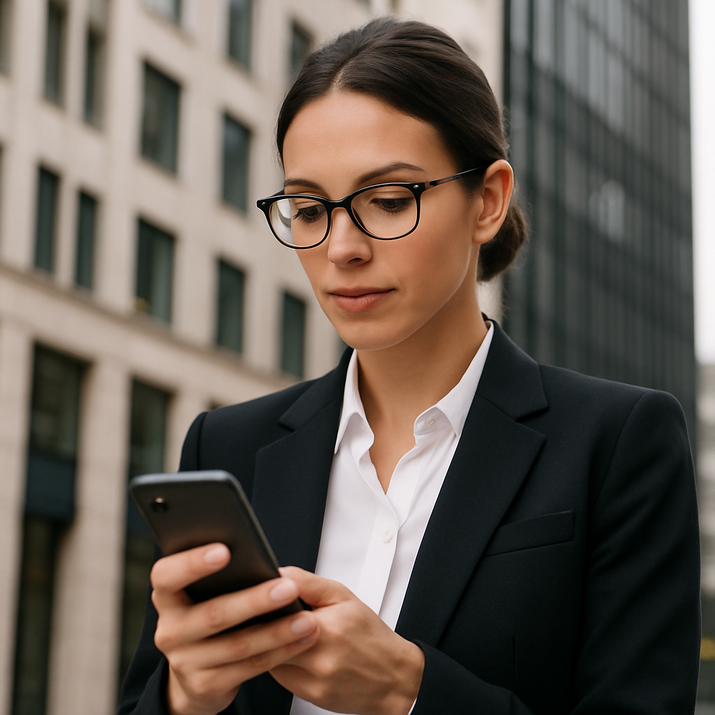 engaged banker or businesswoman reading on their phone but do not a newsletter on the device-1