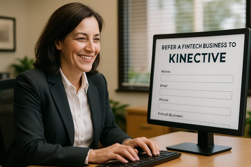 photographic An executive at a bank or credit union typing into a form on their computer to refer a Fintech business to Kinective Make the person look