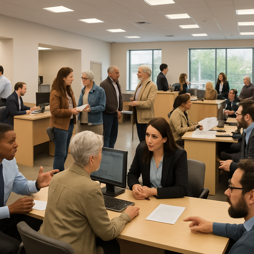 photographic A busy bank branch experience with customers and bank employees helping them Please do not include any words only the depiction of this e-3