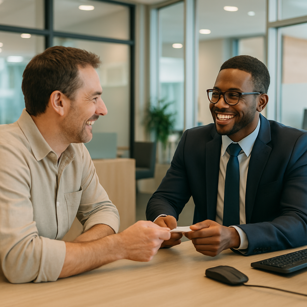 A bank customer having a positive experience with a bank service member because of intelligent banking practices.